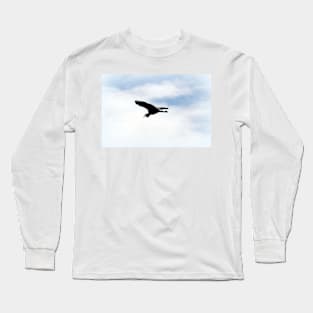 Great Blue Heron Flying Past the Clouds Above Trojan Pond 3 Long Sleeve T-Shirt